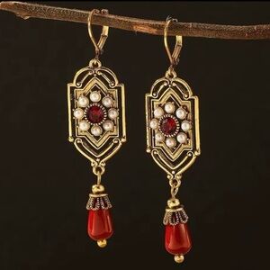Marquis Ethnic Ruby Vintage Bronze Brushed Earrings